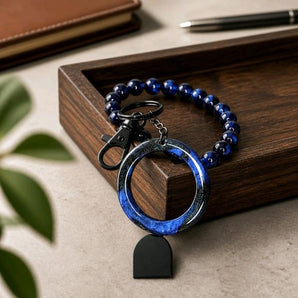 Blue Tigers Eye Gemstone Beaded Wristlet with a Black-plated Keyring