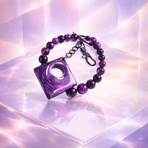 Purple Tigers Eye Gemstone Beaded Wristlet with a Black-plated Keyring