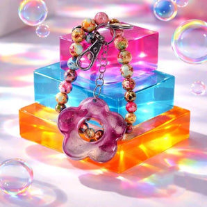 Painted Agate Gemstone Beaded Wristlet Keychain