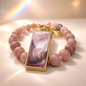 Strawberry Quartz Bead Wristlet Keychain with an Open Bezel Charm