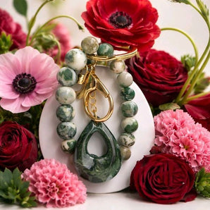 Tree Agate Gemstone Beaded Wristlet Keychain