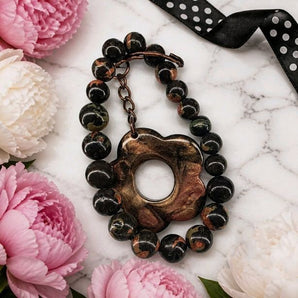 Cherry blossom Jasper Beaded Wristlet with a Copper Keyring