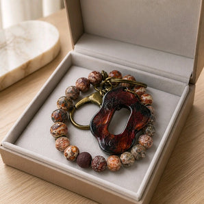 Leopard Skin Jasper Beaded Wristlet Keychain with an Antique Gold-plated Keyring