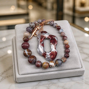 Natural Ocean Jasper Beaded Wristlet Keychain with a Rose Gold-plated Keyring