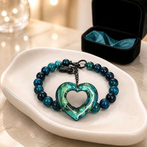 Aqua Tigers Eye Gemstone Beaded Wristlet with a Black-plated Keyring