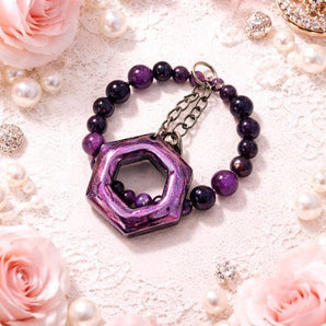 Purple Tigers Eye Gemstone Beaded Wristlet with a Gunmetal Gray-plated Keyring